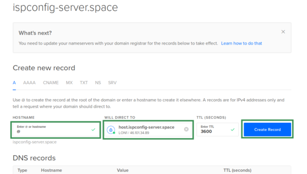 Create a A record for your domain on Digital Ocean Nameservers