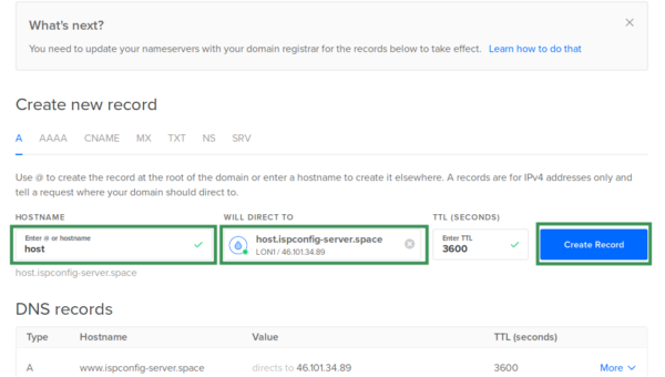 Create a A record for your host. subdomain on Digital Ocean Nameservers